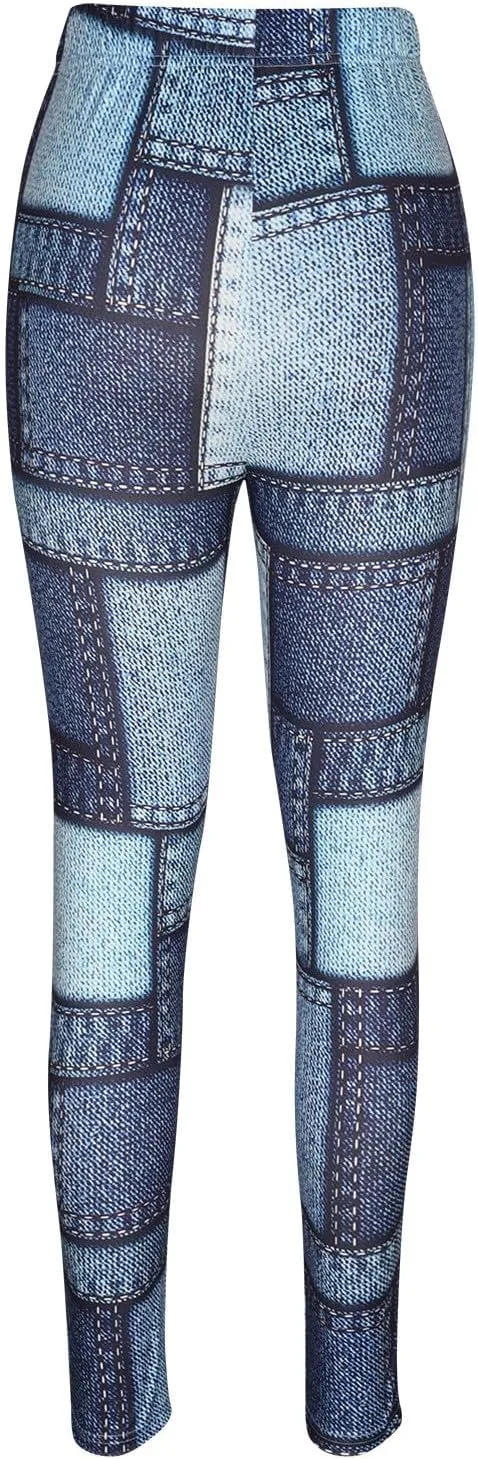 LAWOR Womens Fleece Leggings Denim Printed Casual Boot Leggings Warm High Waisted Fall Winter Pants Trendy Tight Pants