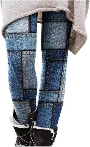 LAWOR Womens Fleece Leggings Denim Printed Casual Boot Leggings Warm High Waisted Fall Winter Pants Trendy Tight Pants