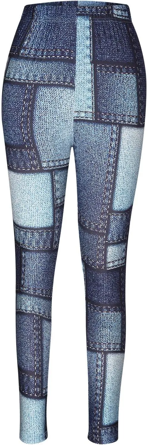 LAWOR Womens Fleece Leggings Denim Printed Casual Boot Leggings Warm High Waisted Fall Winter Pants Trendy Tight Pants