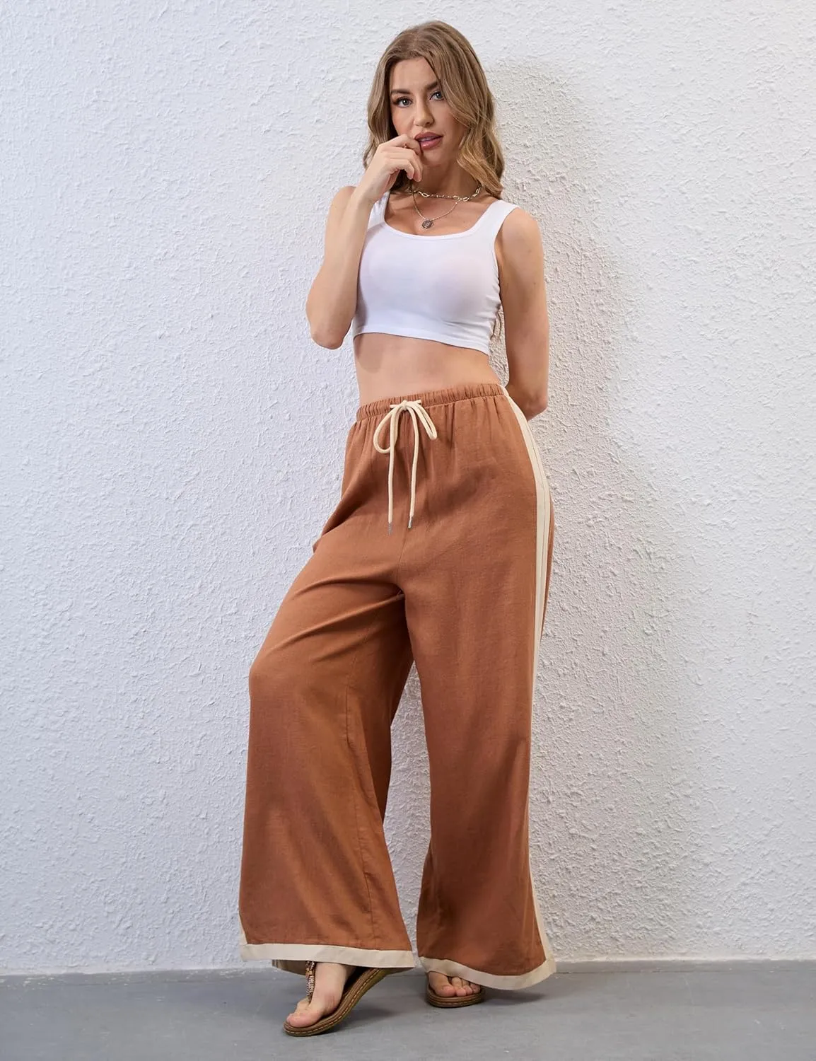 Lentta Womens Linen Wide Leg Pants Side Striped Palazzo Pants Beach Pants with Pockets Lounge Vacation Outfits