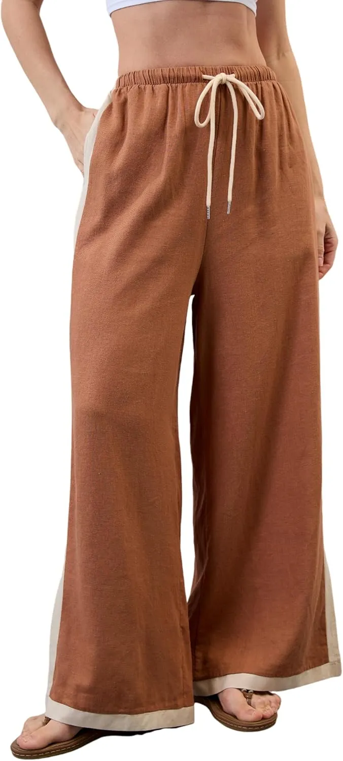 Lentta Womens Linen Wide Leg Pants Side Striped Palazzo Pants Beach Pants with Pockets Lounge Vacation Outfits