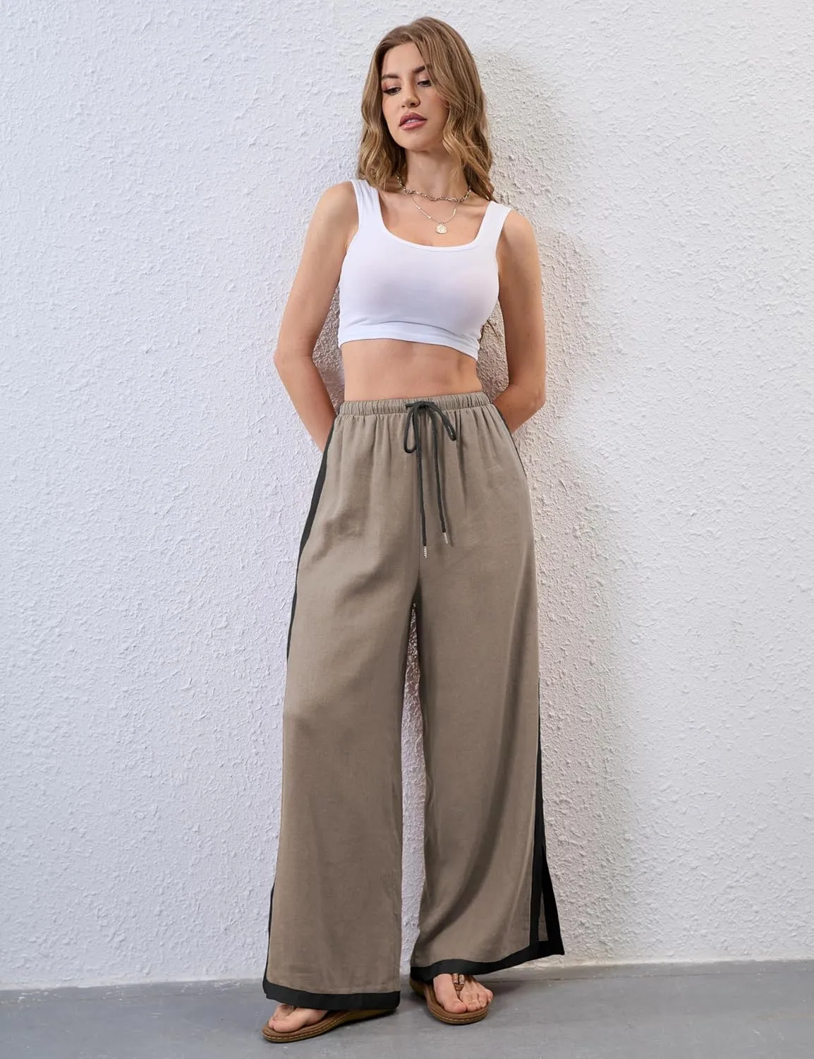 Lentta Womens Linen Wide Leg Pants Side Striped Palazzo Pants Beach Pants with Pockets Lounge Vacation Outfits