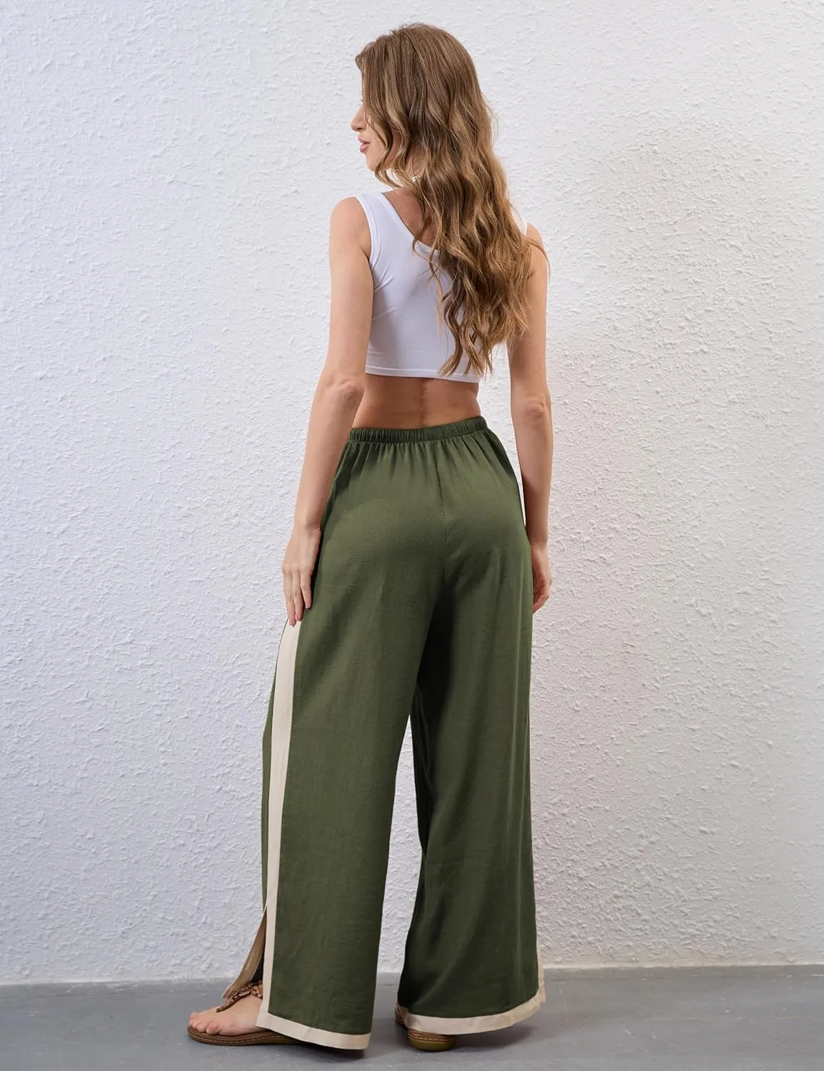 Lentta Womens Linen Wide Leg Pants Side Striped Palazzo Pants Beach Pants with Pockets Lounge Vacation Outfits