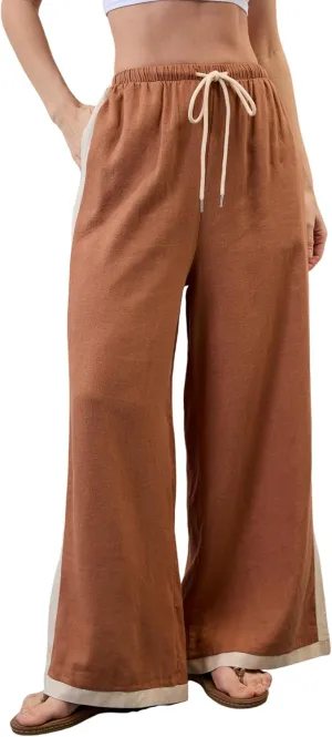 Lentta Womens Linen Wide Leg Pants Side Striped Palazzo Pants Beach Pants with Pockets Lounge Vacation Outfits