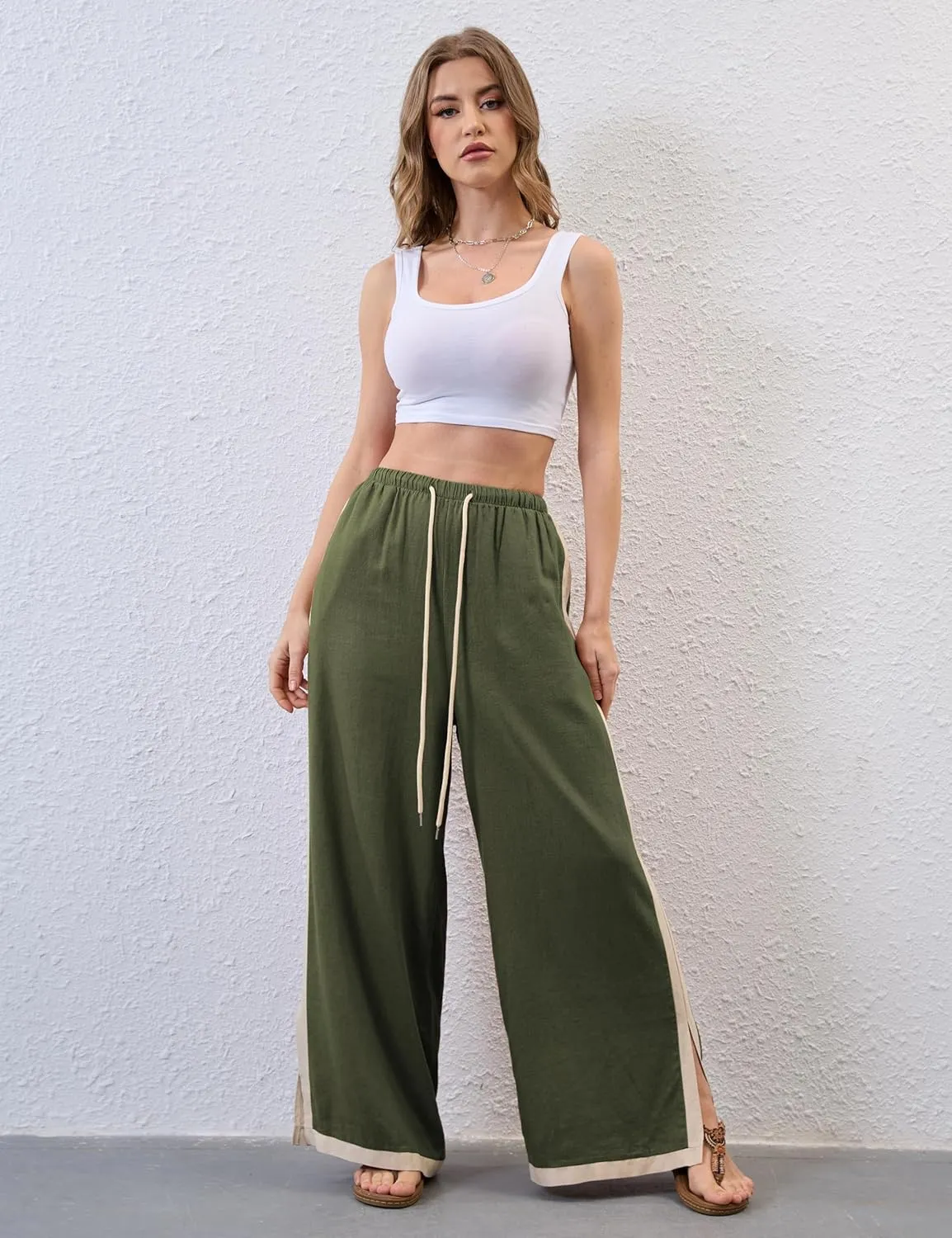 Lentta Womens Linen Wide Leg Pants Side Striped Palazzo Pants Beach Pants with Pockets Lounge Vacation Outfits