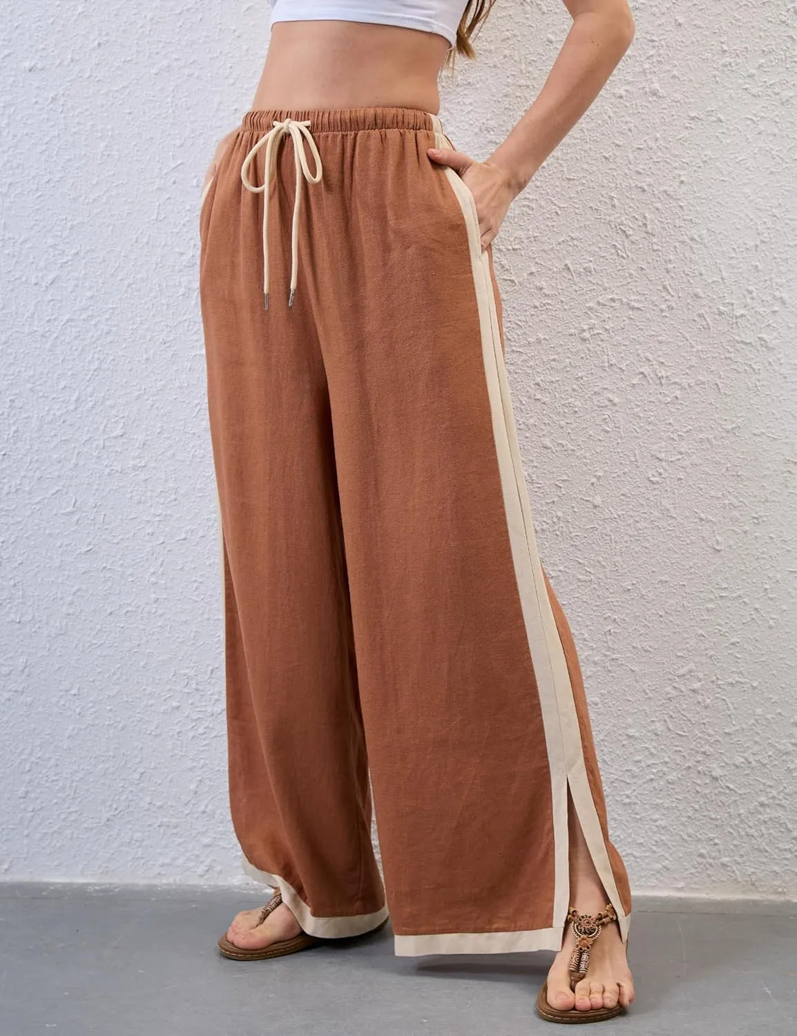 Lentta Womens Linen Wide Leg Pants Side Striped Palazzo Pants Beach Pants with Pockets Lounge Vacation Outfits