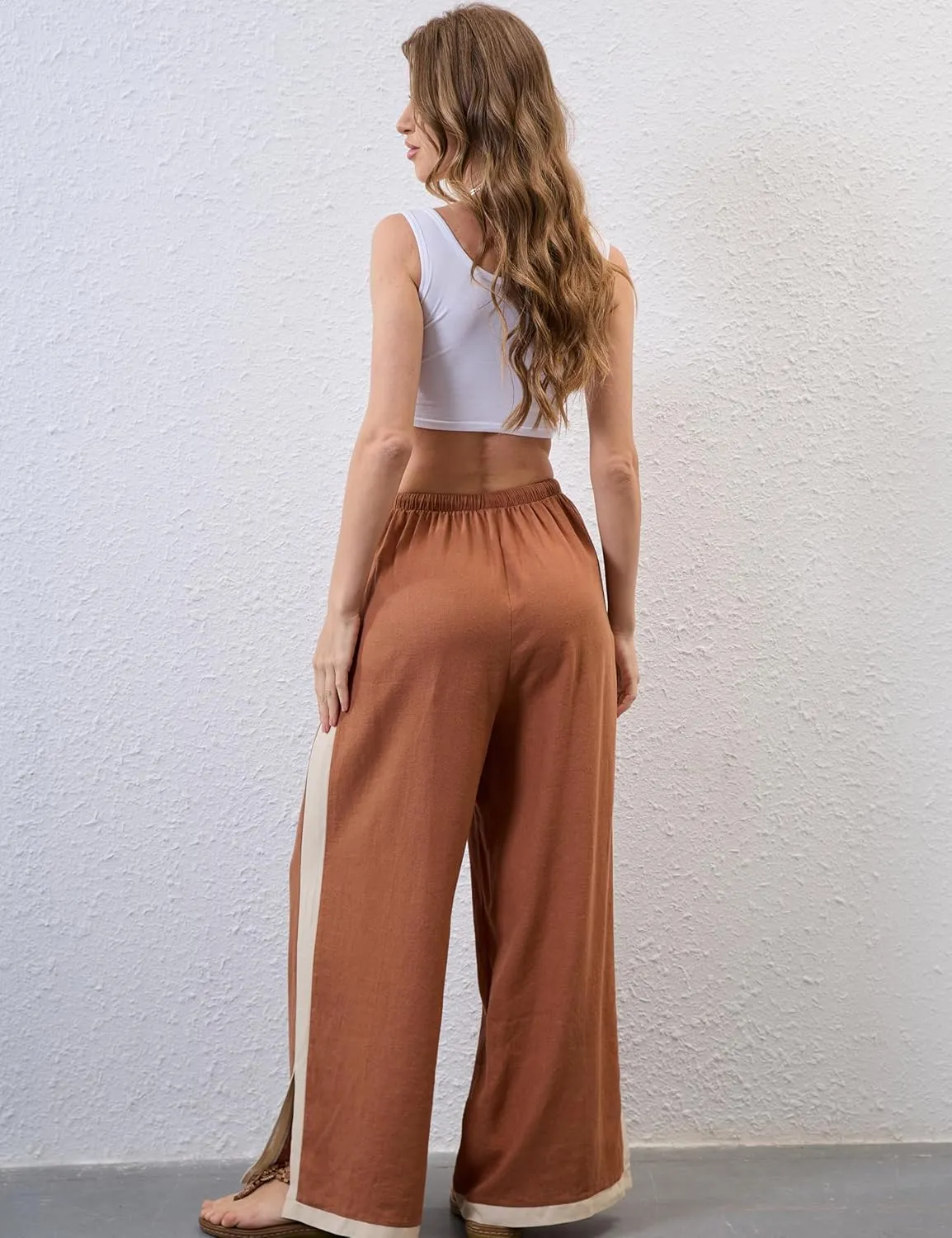 Lentta Womens Linen Wide Leg Pants Side Striped Palazzo Pants Beach Pants with Pockets Lounge Vacation Outfits