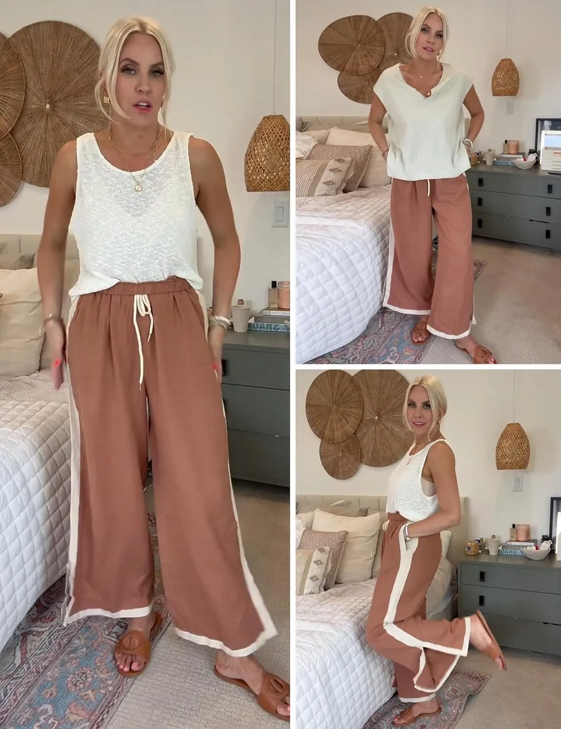 Lentta Womens Linen Wide Leg Pants Side Striped Palazzo Pants Beach Pants with Pockets Lounge Vacation Outfits