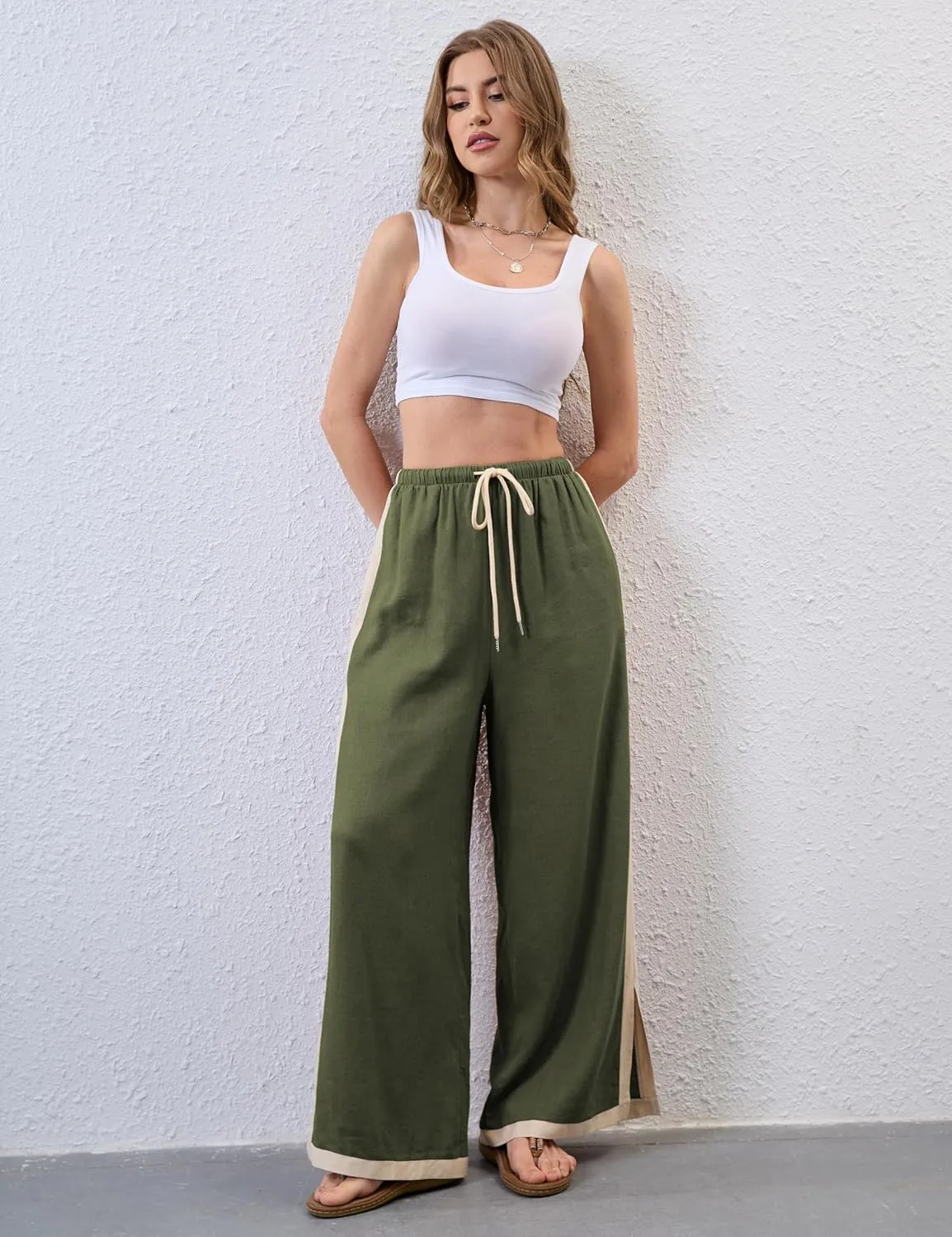 Lentta Womens Linen Wide Leg Pants Side Striped Palazzo Pants Beach Pants with Pockets Lounge Vacation Outfits