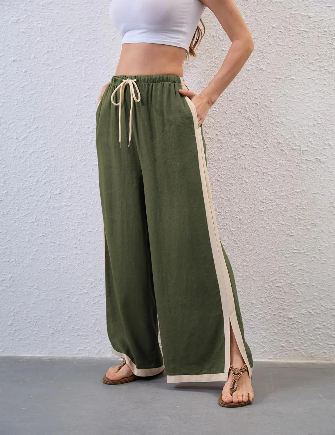 Lentta Womens Linen Wide Leg Pants Side Striped Palazzo Pants Beach Pants with Pockets Lounge Vacation Outfits