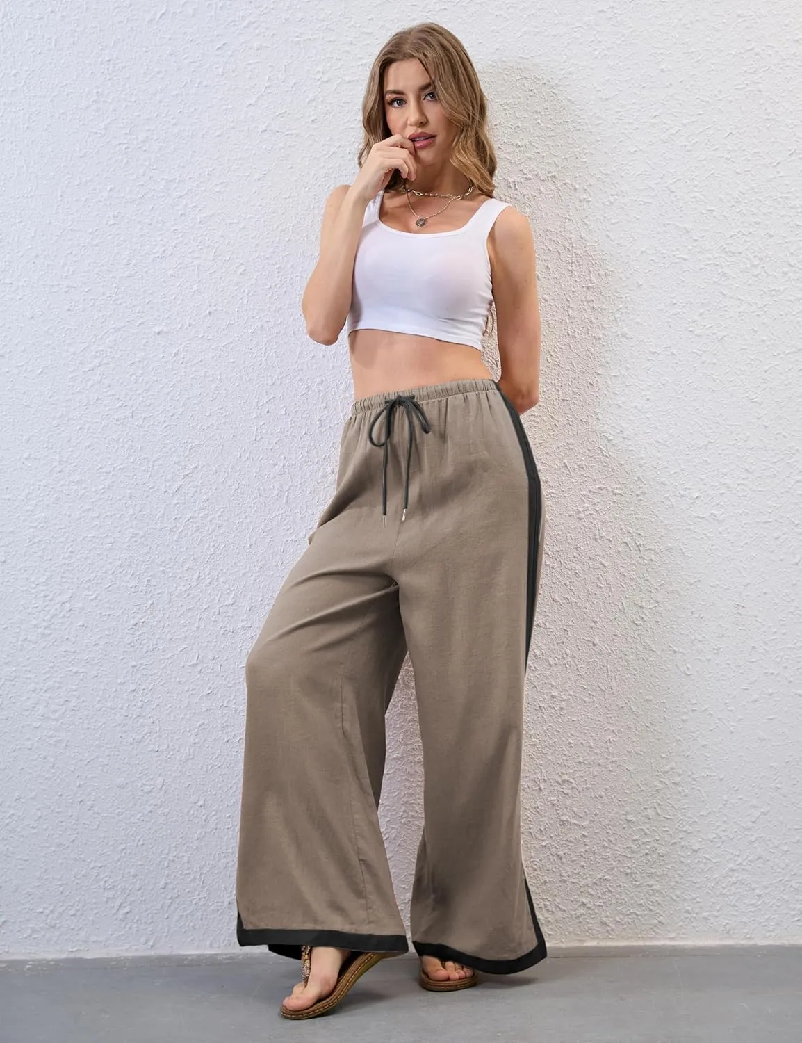 Lentta Womens Linen Wide Leg Pants Side Striped Palazzo Pants Beach Pants with Pockets Lounge Vacation Outfits