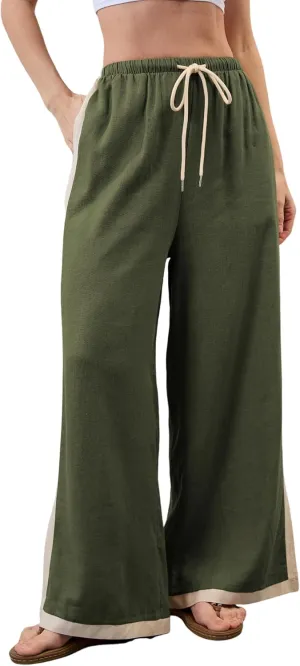 Lentta Womens Linen Wide Leg Pants Side Striped Palazzo Pants Beach Pants with Pockets Lounge Vacation Outfits