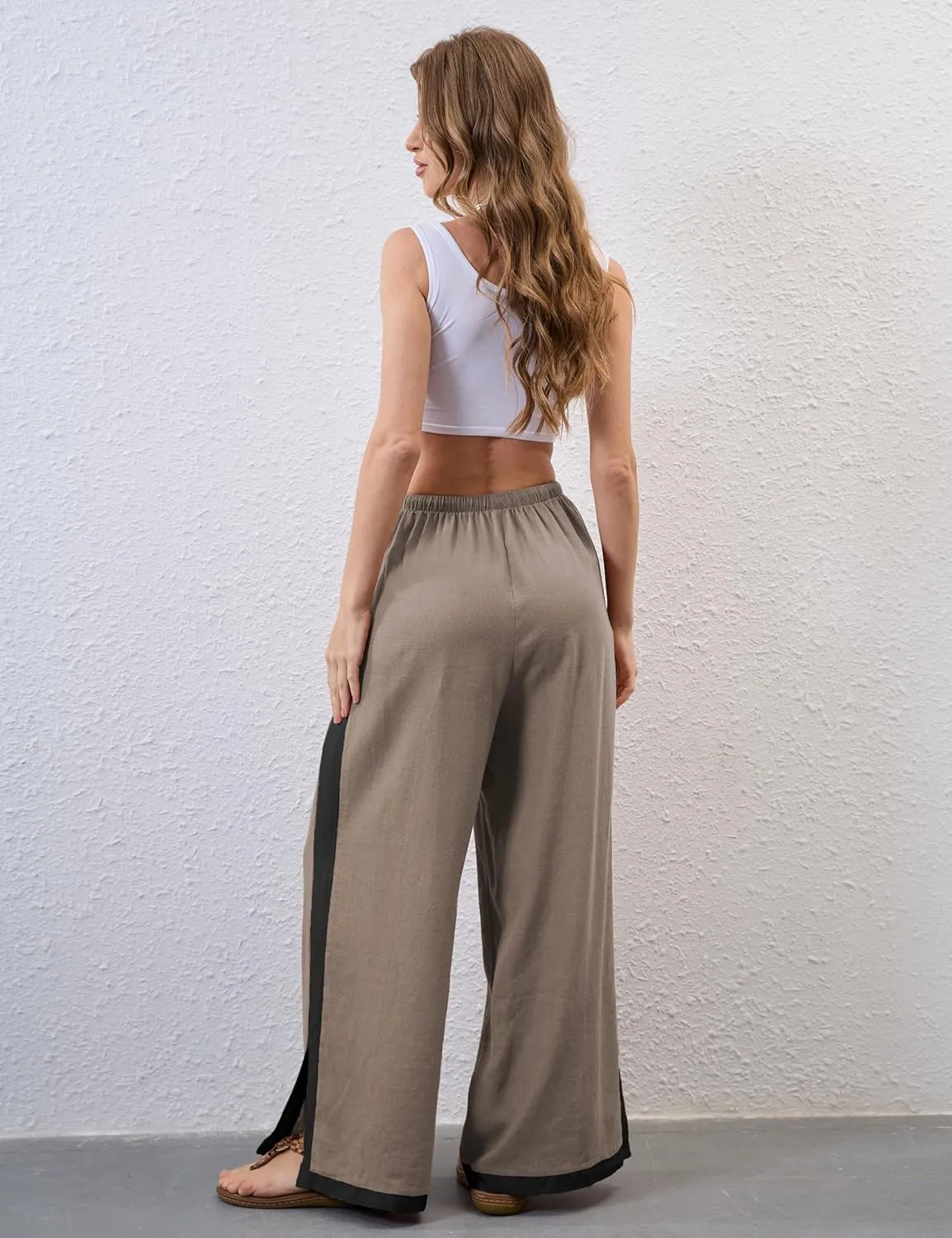 Lentta Womens Linen Wide Leg Pants Side Striped Palazzo Pants Beach Pants with Pockets Lounge Vacation Outfits