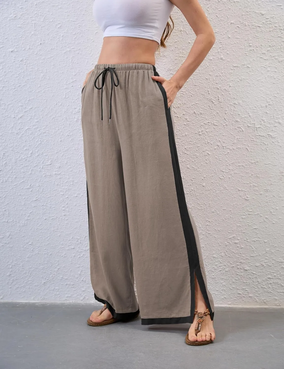 Lentta Womens Linen Wide Leg Pants Side Striped Palazzo Pants Beach Pants with Pockets Lounge Vacation Outfits