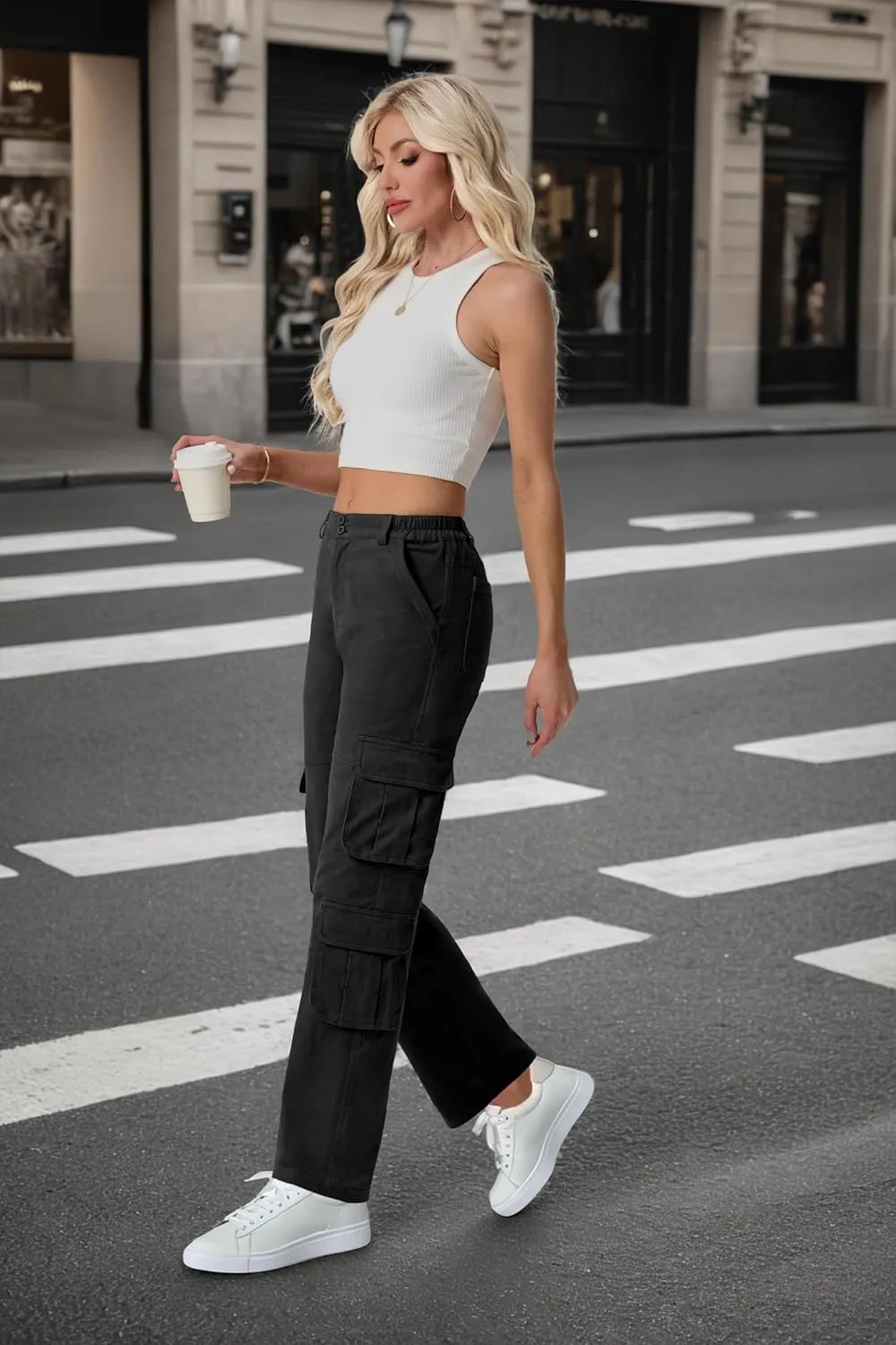 Lepunuo Womens High Waisted Cargo Pants Baggy Stretchy Cotton Wide Leg Casual Y2K Trousers with 7 Pockets