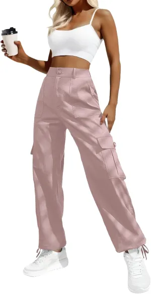 Lepunuo Women's High Waisted Cargo Pants Travel Y2K Streetwear Baggy Stretchy Pants with 6 Pockets Drawstring Ankle Cuffs