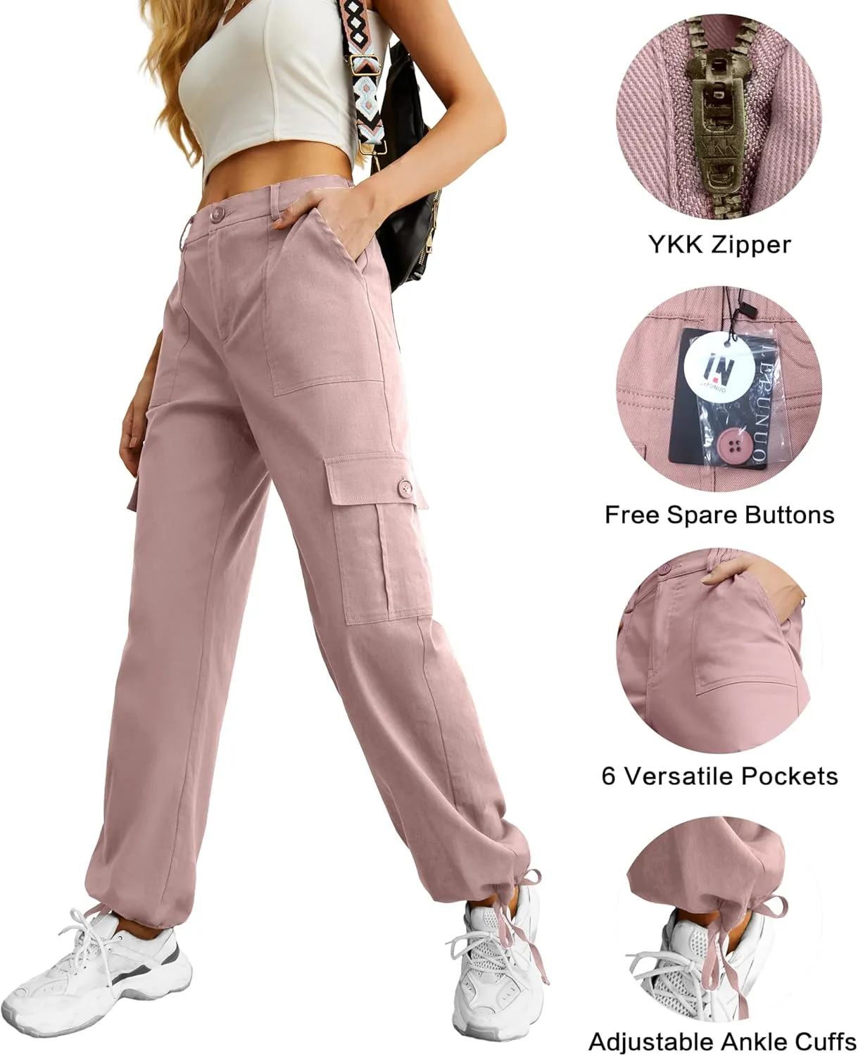 Lepunuo Women's High Waisted Cargo Pants Travel Y2K Streetwear Baggy Stretchy Pants with 6 Pockets Drawstring Ankle Cuffs