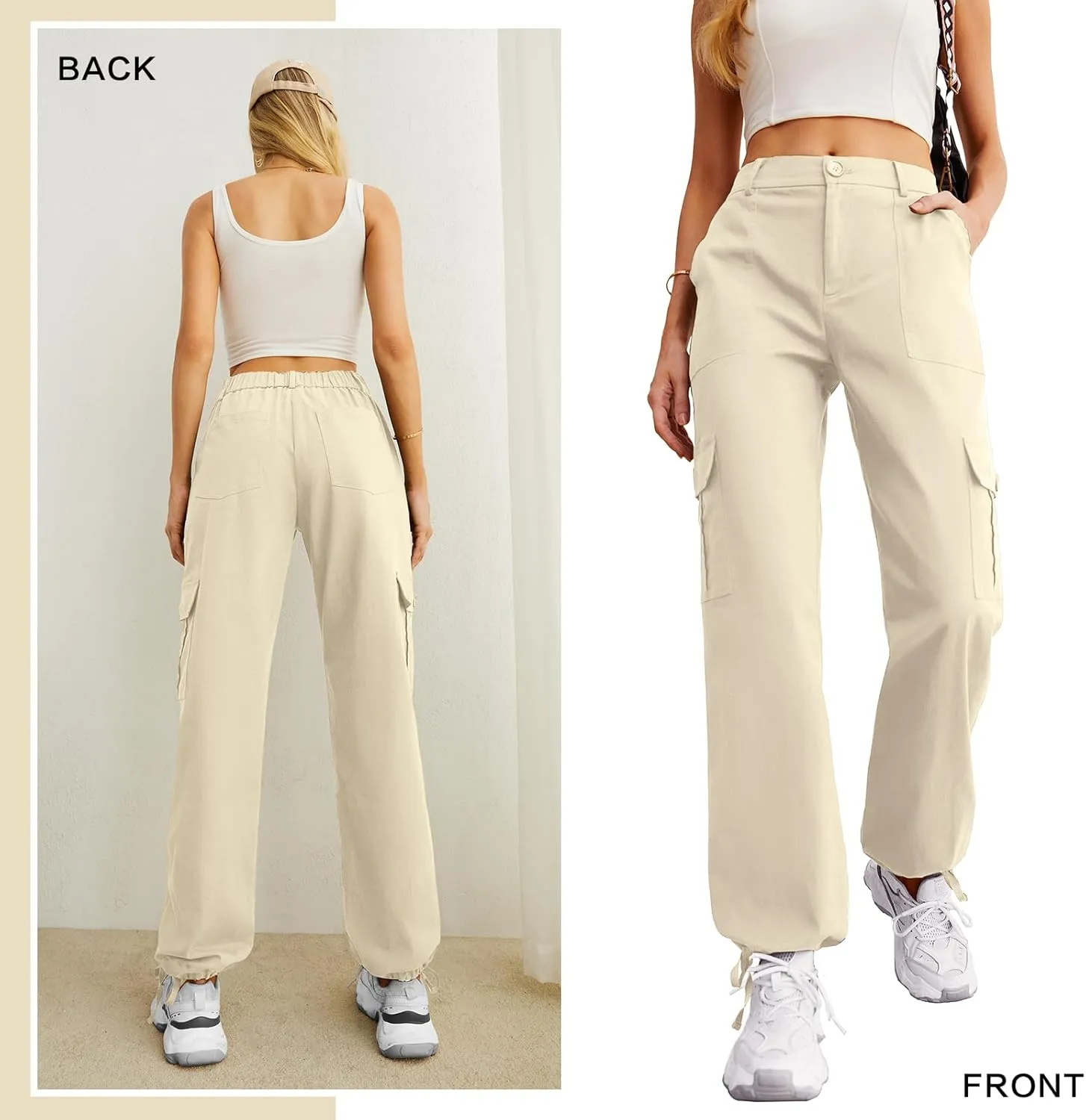 Lepunuo Women's High Waisted Cargo Pants Travel Y2K Streetwear Baggy Stretchy Pants with 6 Pockets Drawstring Ankle Cuffs
