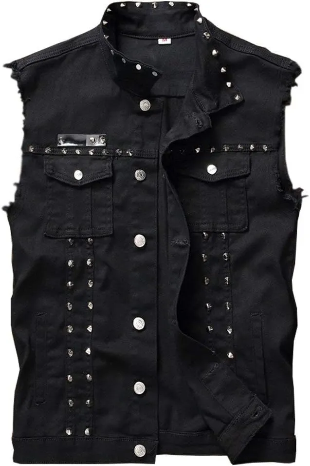 LifeHe Men's Sleeveless Lapel Punk Zipper Denim Jean Vests Jacket With Rivets