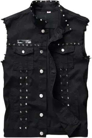LifeHe Men's Sleeveless Lapel Punk Zipper Denim Jean Vests Jacket With Rivets