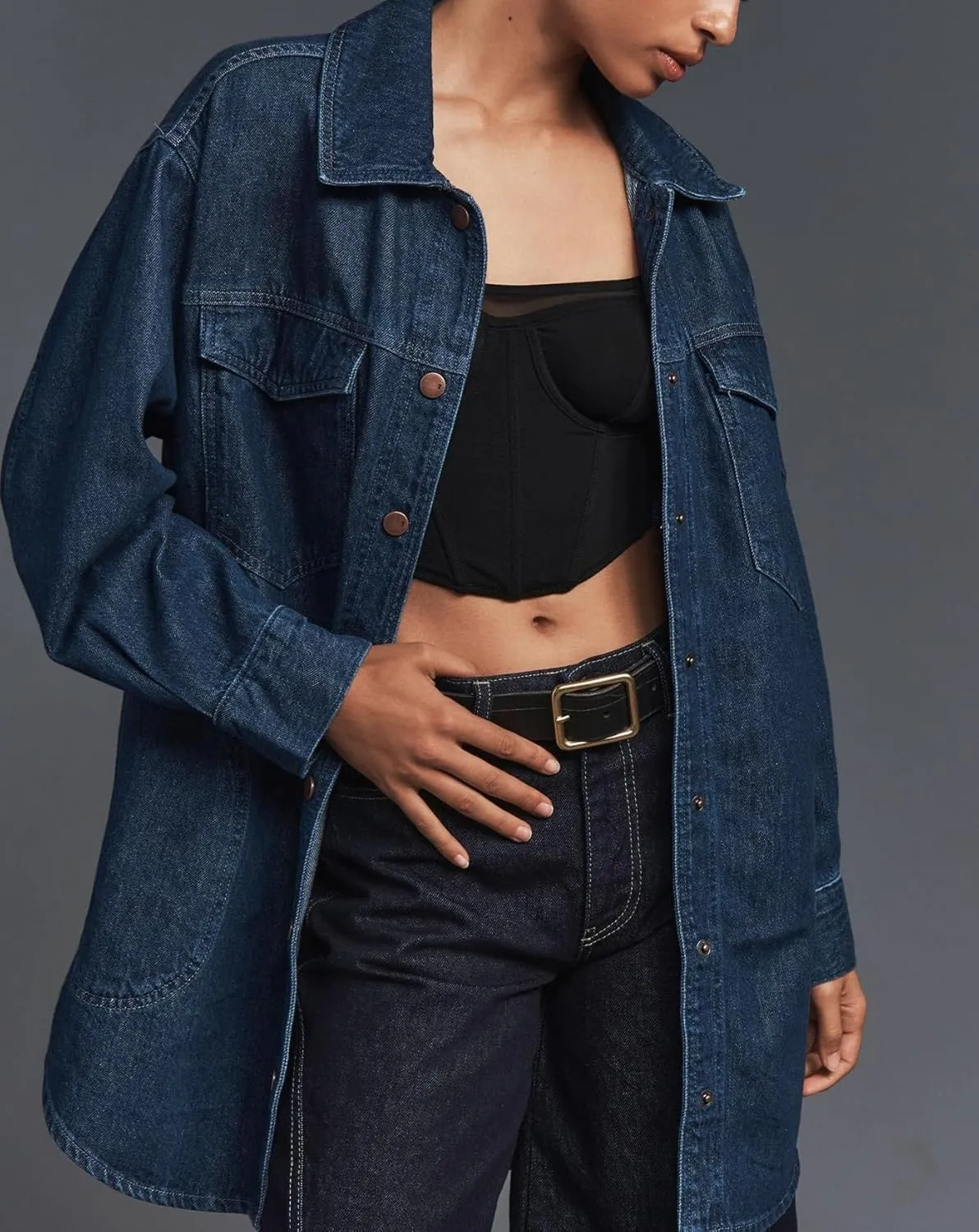 LifeShe Denim Womens Shacket Oversized Jean Jacket Boyfriend Pocket Long Shirt