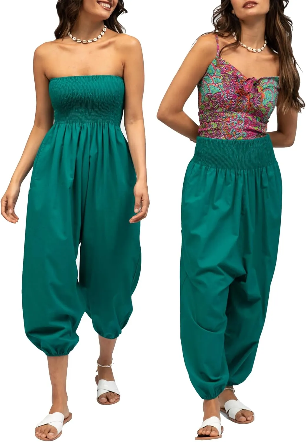 likemary Harem Jumpsuit for Women - Harem Pants Romper Pulls Down into Cotton Boho Hippie Pants with Pockets - 2-in-1 Outfit (One Size Regular, Emerald Green)