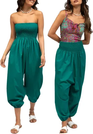 likemary Harem Jumpsuit for Women - Harem Pants Romper Pulls Down into Cotton Boho Hippie Pants with Pockets - 2-in-1 Outfit (One Size Regular, Emerald Green)