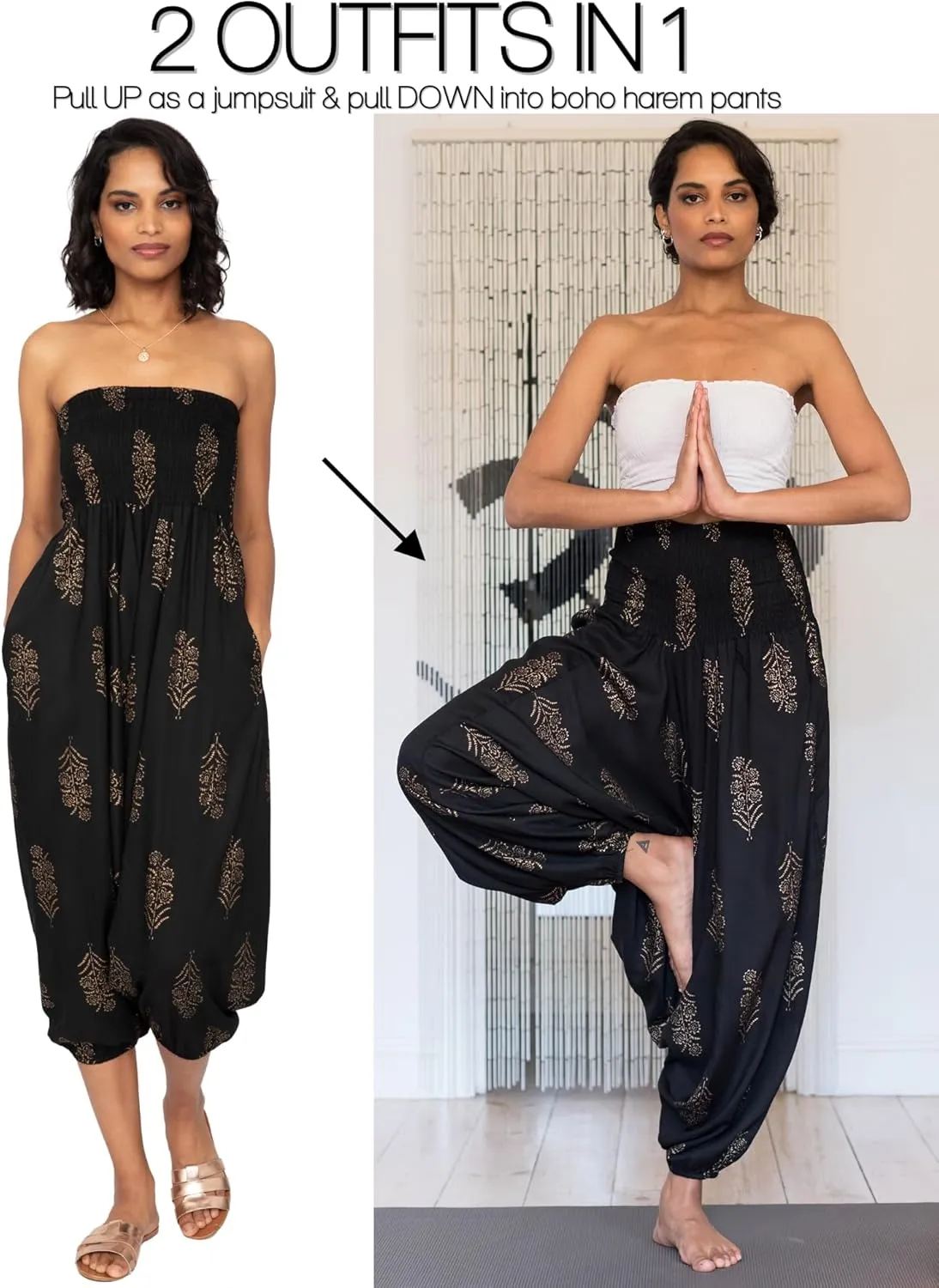 likemary Harem Pants Women - Boho Pants Pull Up into Jumpsuit with Pockets - 2-in-1 Hippie Pants and Romper Jumper Outfit