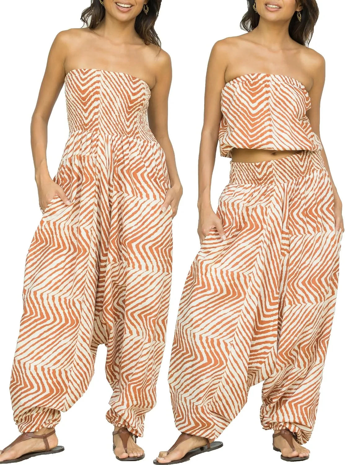 likemary Harem Pants Women Jumpsuits  Cotton Romper Pulls Down into Boho Pants with Pockets - 2-in-1 Outfit Zebra Print