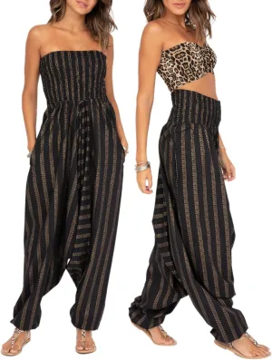 likemary Harem Pants Women Jumpsuits  Maxi Romper Pulls Down into Boho Print Cotton Pants  One Size 2-in-1 Outfit & Pockets