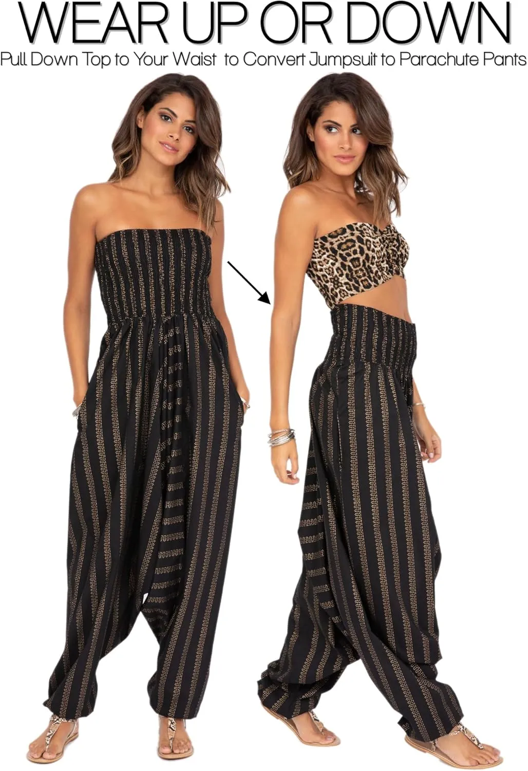 likemary Harem Pants Women Jumpsuits  Maxi Romper Pulls Down into Boho Print Cotton Pants  One Size 2-in-1 Outfit & Pockets
