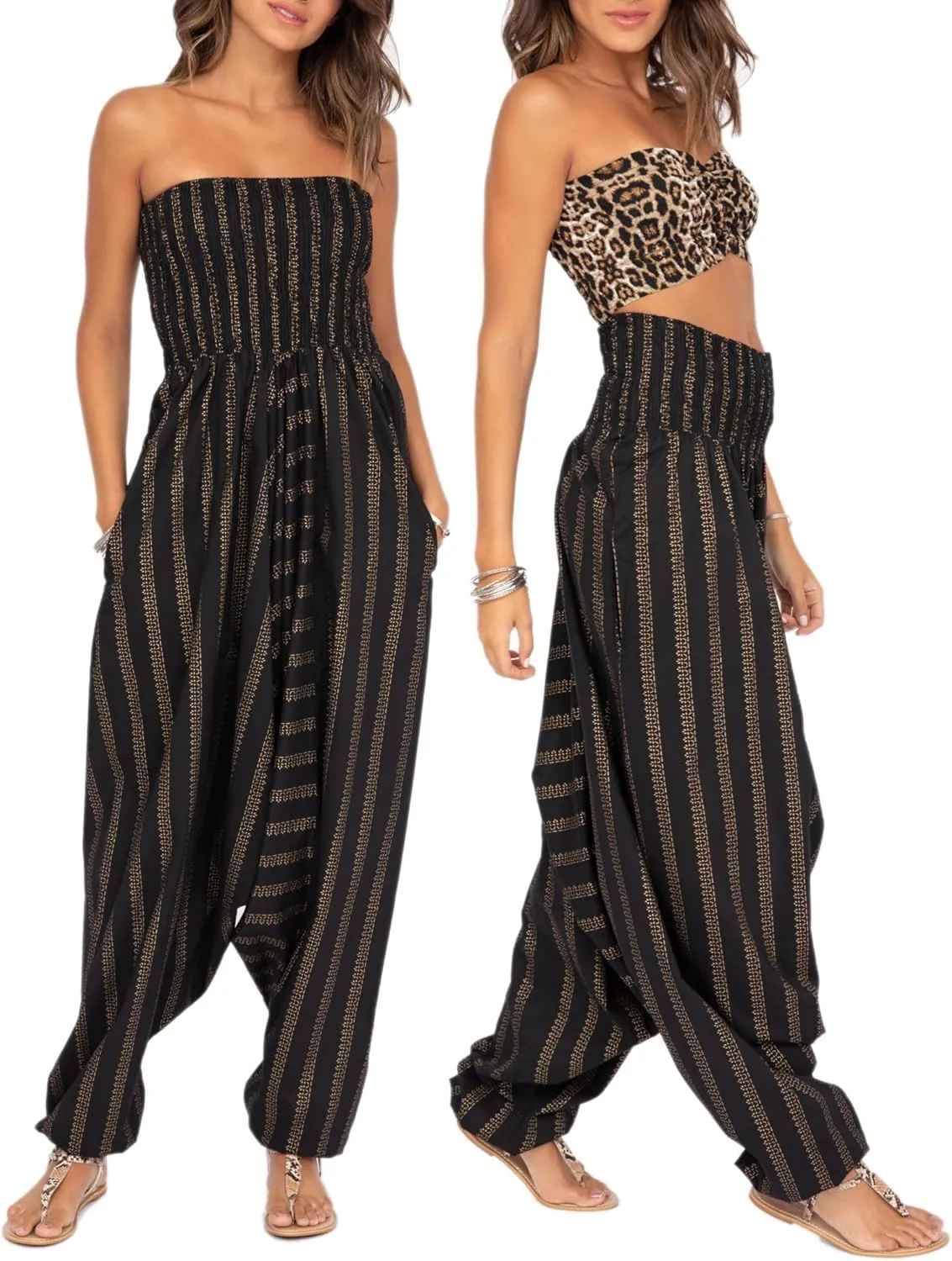 likemary Harem Pants Women Jumpsuits  Maxi Romper Pulls Down into Boho Print Cotton Pants  One Size 2-in-1 Outfit & Pockets