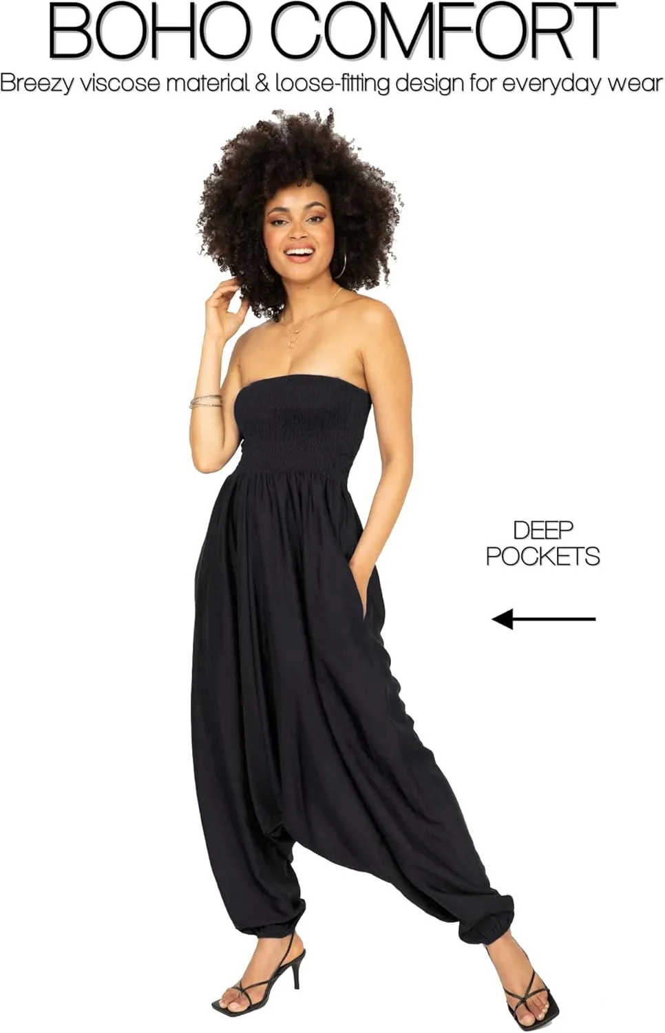 likemary Jumpsuits for Women - 2-in-1 Rompers Pull Down into Harem Pants - One Size Jumpers in Silk Look Fabric with Pockets
