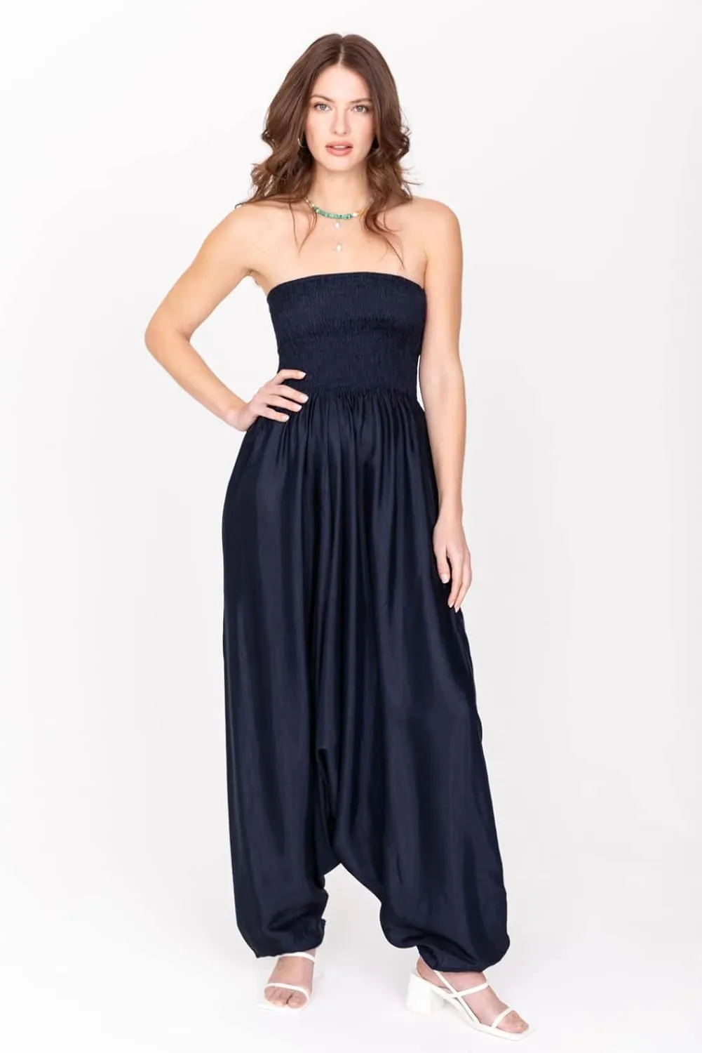 likemary Jumpsuits for Women - 2-in-1 Rompers Pull Down into Harem Pants - One Size Jumpers in Silk Look Fabric with Pockets