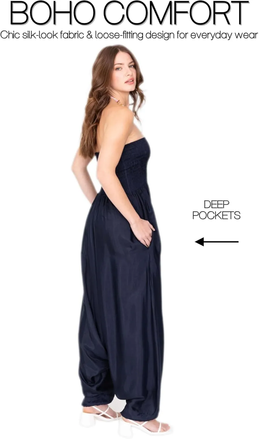 likemary Jumpsuits for Women - 2-in-1 Rompers Pull Down into Harem Pants - One Size Jumpers in Silk Look Fabric with Pockets