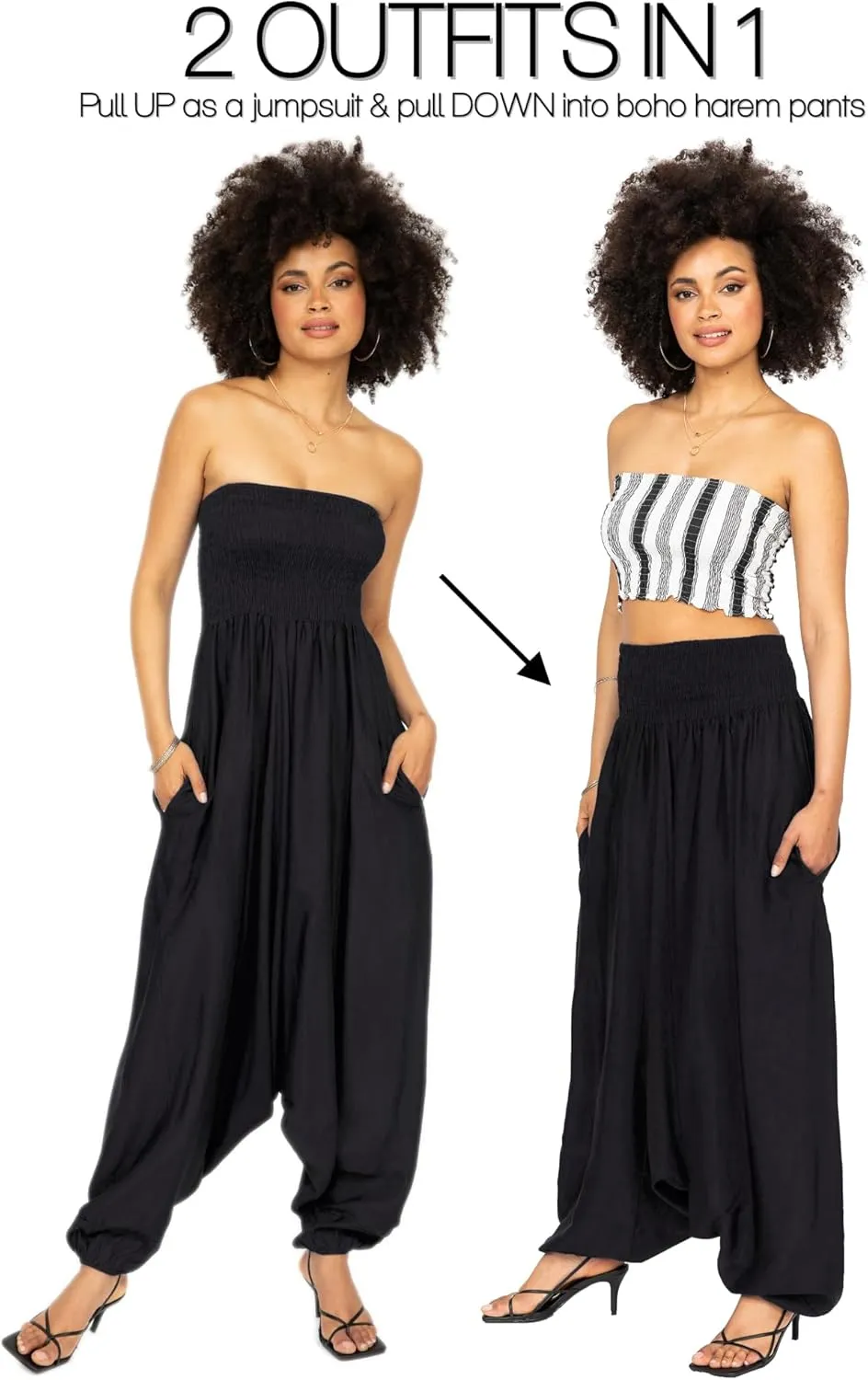 likemary Jumpsuits for Women - 2-in-1 Rompers Pull Down into Harem Pants - One Size Jumpers in Silk Look Fabric with Pockets