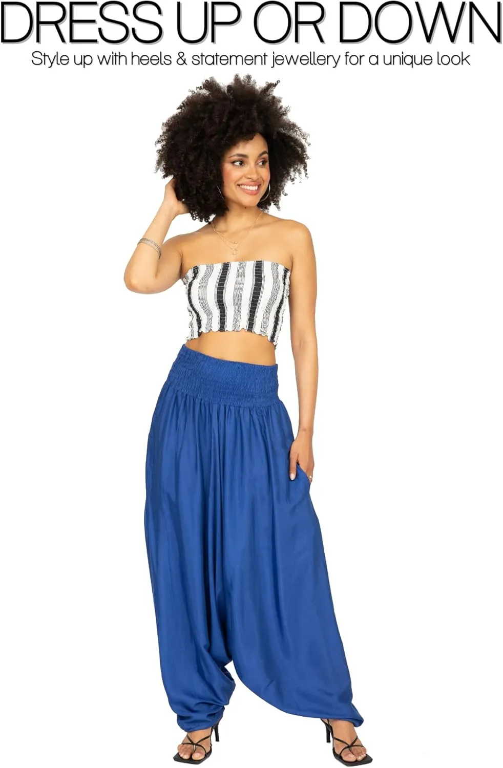 likemary Jumpsuits for Women - 2-in-1 Rompers Pull Down into Harem Pants - One Size Jumpers in Silk Look Fabric with Pockets