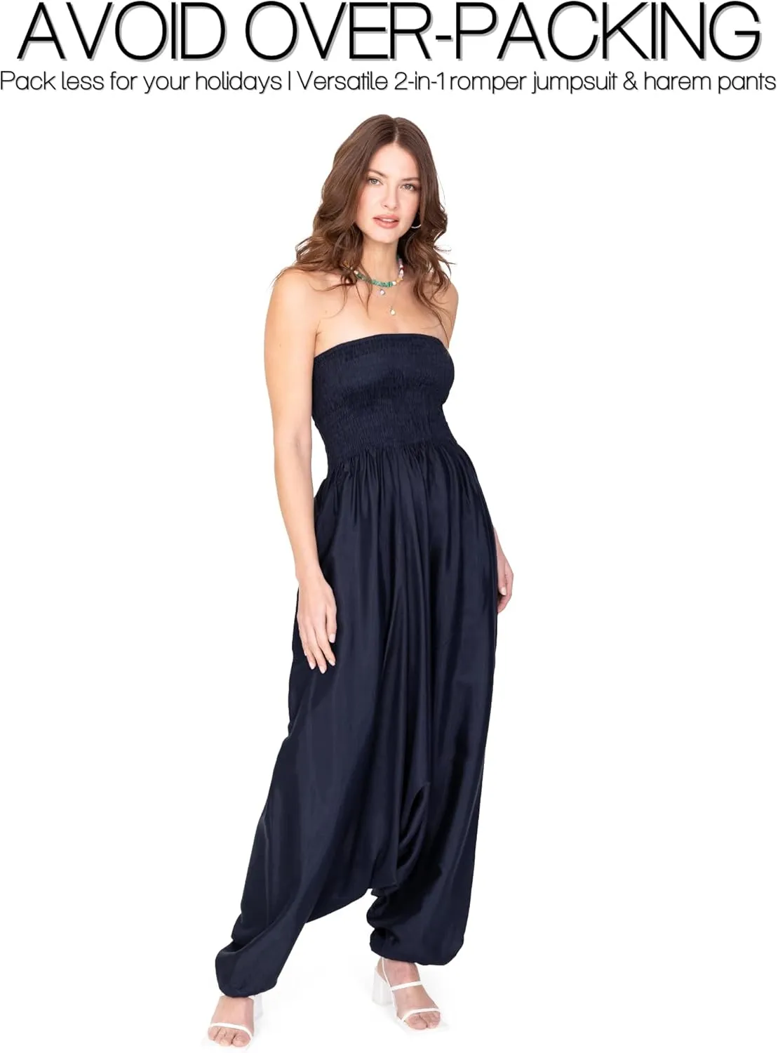 likemary Jumpsuits for Women - 2-in-1 Rompers Pull Down into Harem Pants - One Size Jumpers in Silk Look Fabric with Pockets