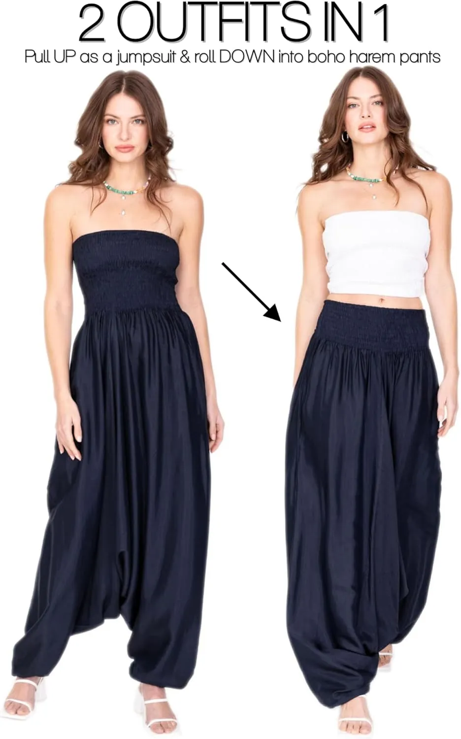 likemary Jumpsuits for Women - 2-in-1 Rompers Pull Down into Harem Pants - One Size Jumpers in Silk Look Fabric with Pockets