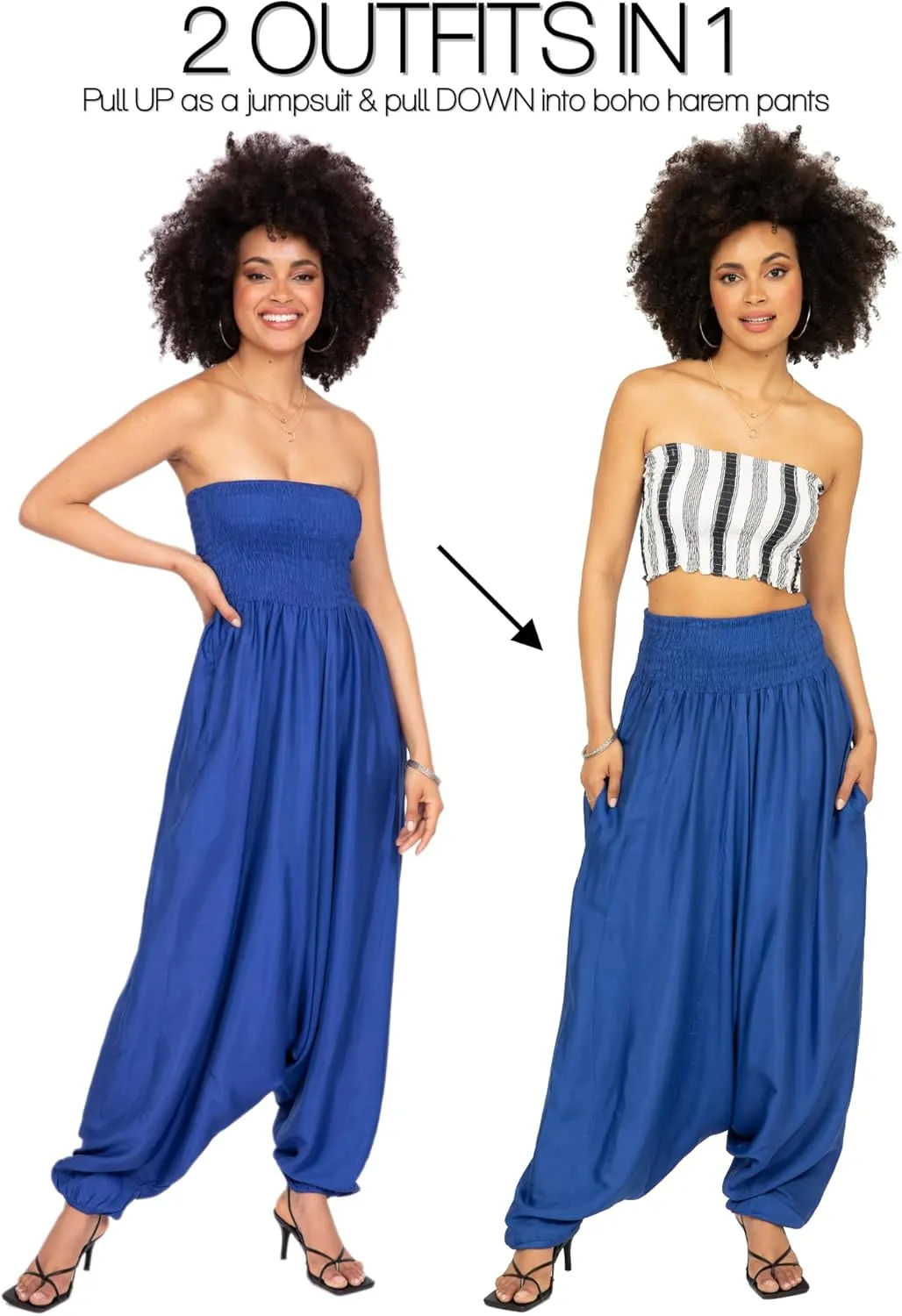 likemary Jumpsuits for Women - 2-in-1 Rompers Pull Down into Harem Pants - One Size Jumpers in Silk Look Fabric with Pockets