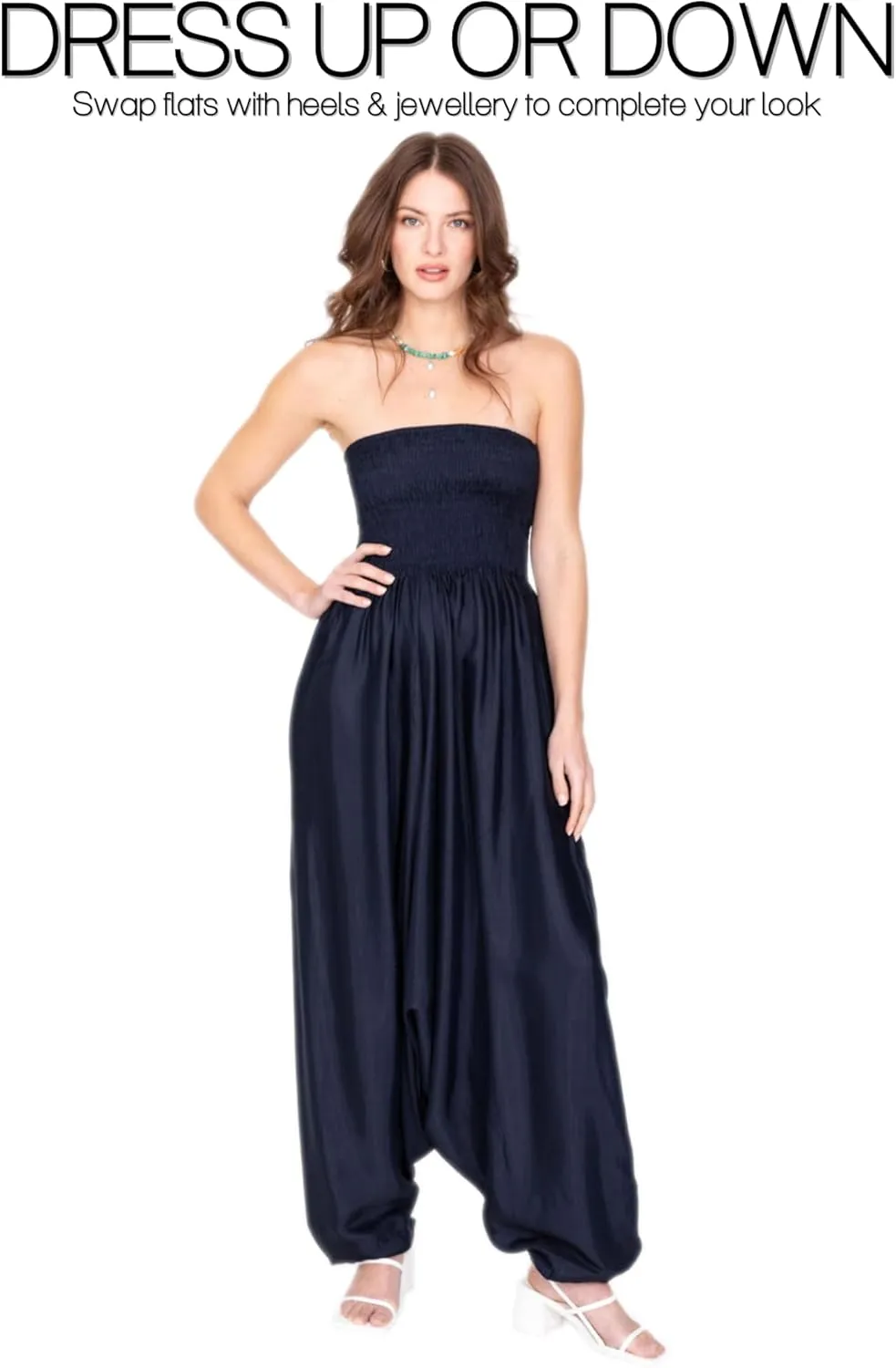 likemary Jumpsuits for Women - 2-in-1 Rompers Pull Down into Harem Pants - One Size Jumpers in Silk Look Fabric with Pockets