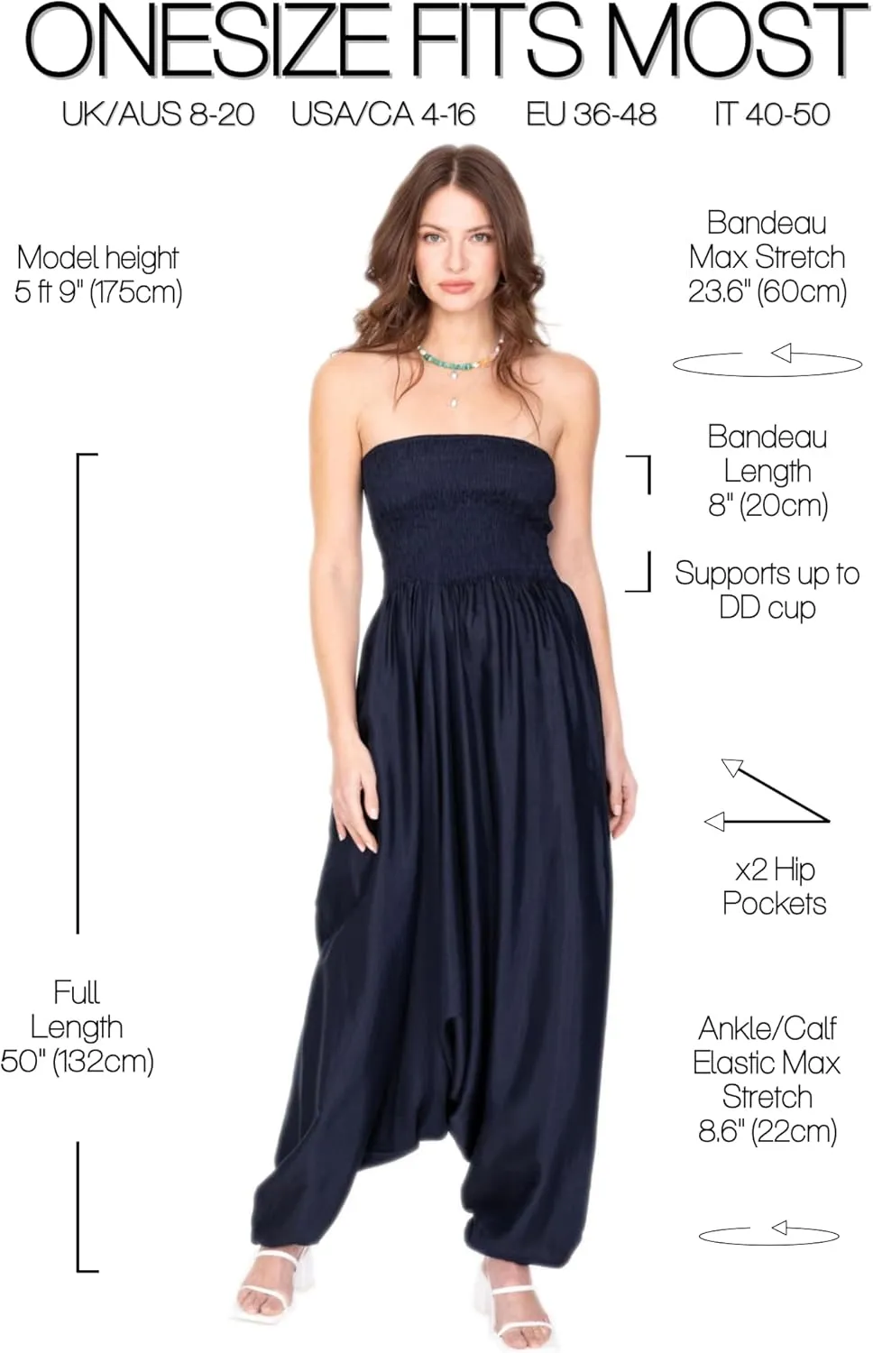likemary Jumpsuits for Women - 2-in-1 Rompers Pull Down into Harem Pants - One Size Jumpers in Silk Look Fabric with Pockets