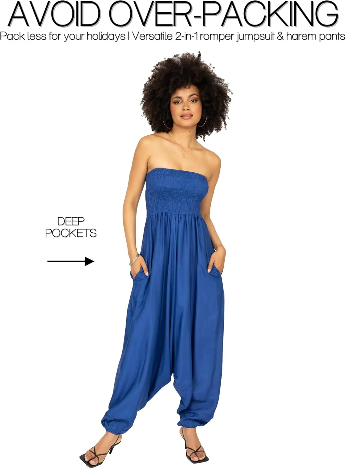 likemary Jumpsuits for Women - 2-in-1 Rompers Pull Down into Harem Pants - One Size Jumpers in Silk Look Fabric with Pockets