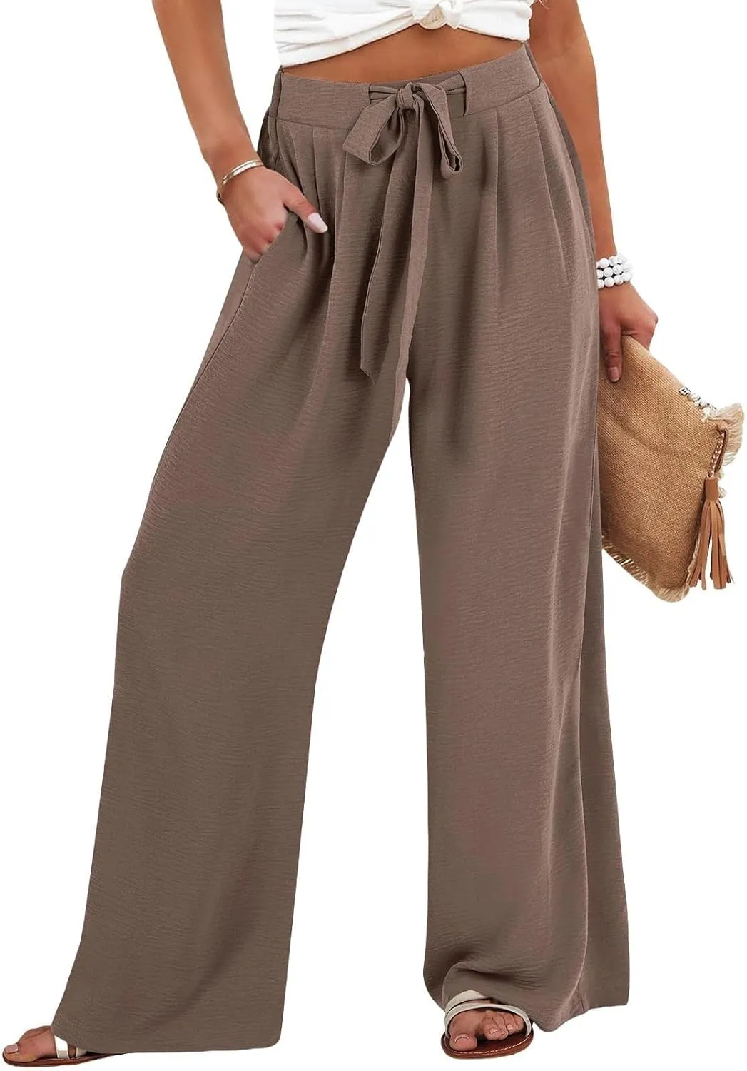 Linen Palazzo Pants for Women Flowy Wide Leg High Waist Drawstring Elastic Trousers with Pockets Lounge Baggy Pant