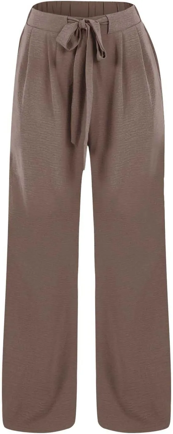 Linen Palazzo Pants for Women Flowy Wide Leg High Waist Drawstring Elastic Trousers with Pockets Lounge Baggy Pant