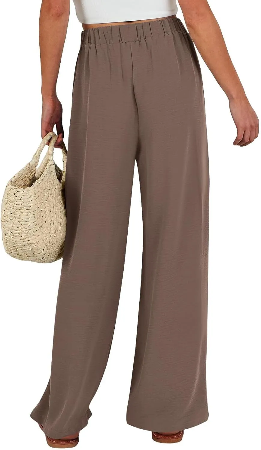 Linen Palazzo Pants for Women Flowy Wide Leg High Waist Drawstring Elastic Trousers with Pockets Lounge Baggy Pant