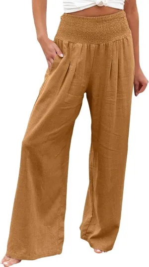 Linen Palazzo Pants for Women Wide Leg High Waist Flowy Summer Beach Loose Casual Lightweight Cotton Linen Trousers