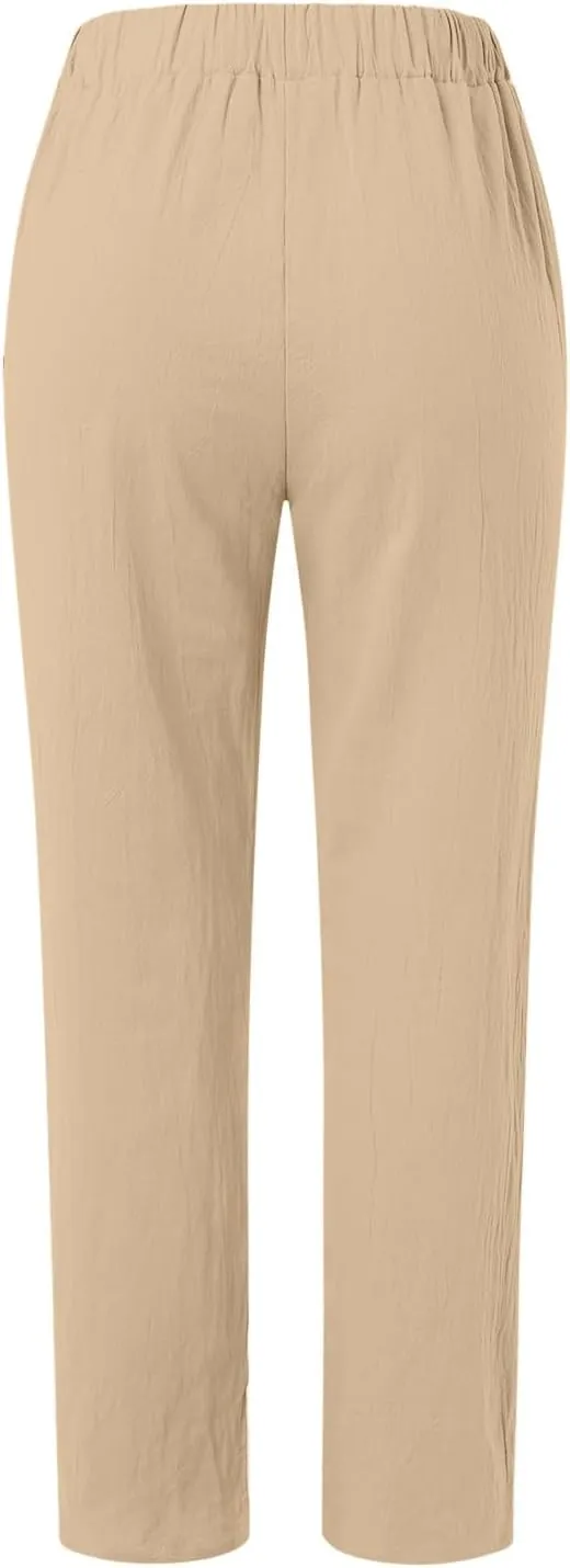 Linen Pants Women Lightweight High Waist Palazzo Trousers with Pockets Casual Solid Going Out Travel Beach Clothes