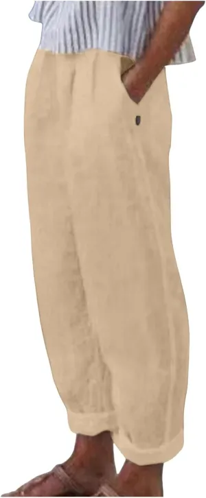 Linen Pants Women Lightweight High Waist Palazzo Trousers with Pockets Casual Solid Going Out Travel Beach Clothes