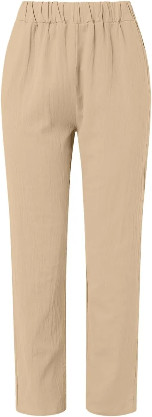 Linen Pants Women Lightweight High Waist Palazzo Trousers with Pockets Casual Solid Going Out Travel Beach Clothes